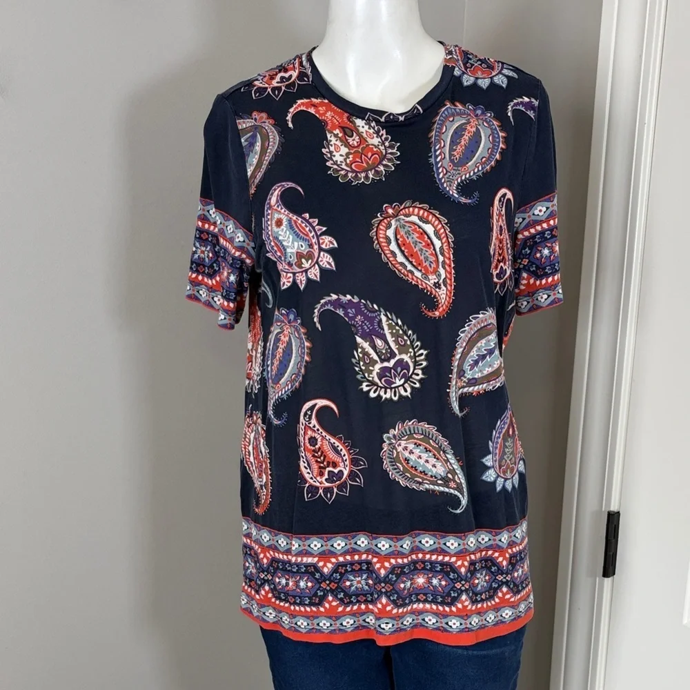 Tory Burch Dapper Paisley Print Short Sleeve TShirt Navy Blue Sz M